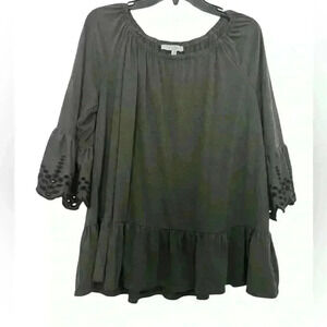 Eyelet Sleeve Green Peplum Top, Size 1X - Stylish Women’s Blouse